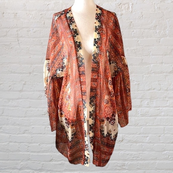 American Eagle Outfitters Tops - AMERICAN Eagle sheer red extra large coverup with bell sleeves colorful fabric
